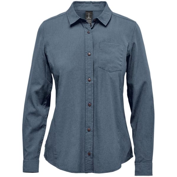 A women's button-up shirt in a dark teal colour, featuring long sleeves and a chest pocket. It has a logo.