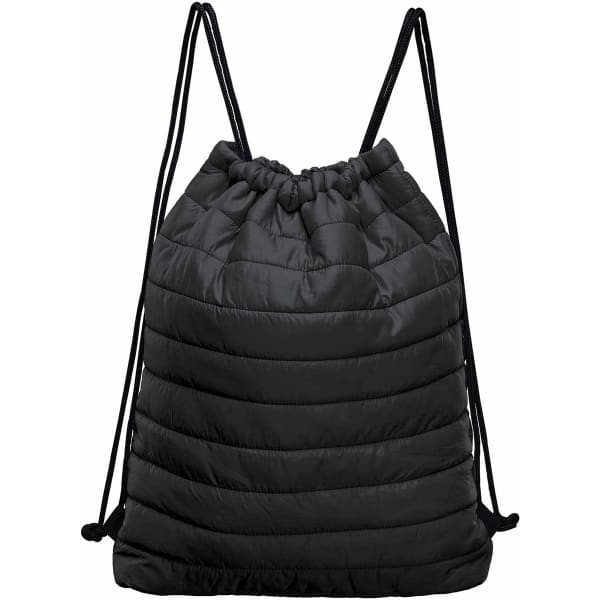 A black drawstring bag with a quilted design and adjustable straps. It features a logo on the front.