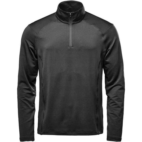 A black men's long sleeve shirt with a 1/4 zip collar and an unobtrusive logo.