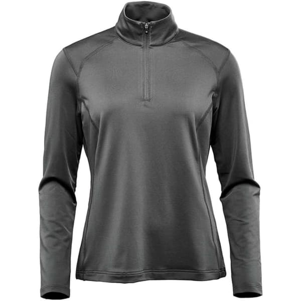 A women's long sleeve quarter zip jumper in dark grey with a sleek design and a logo on the chest.