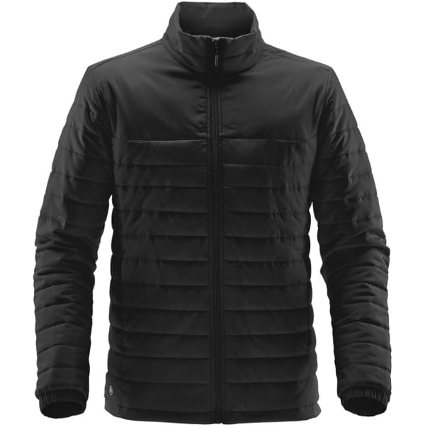 A black quilted jacket with a zip front, featuring a minimalist design and long sleeves. It has a logo on the side.