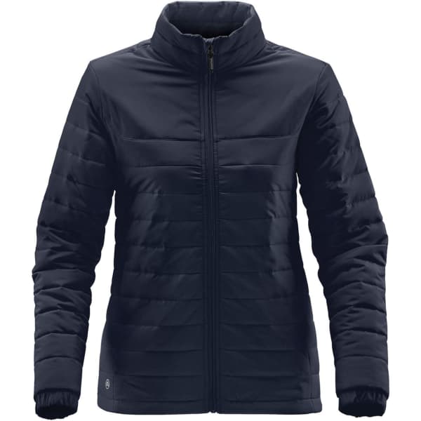 A women's quilted jacket in navy blue with a zippered front and a high collar, featuring a logo on the lower hem.