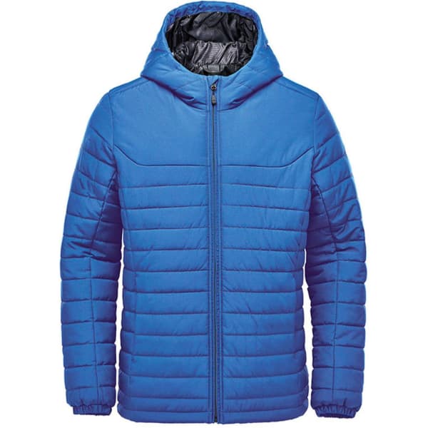A blue quilted hoody with a zip front and a hood, featuring an interior lining. It has a logo on the sleeve.