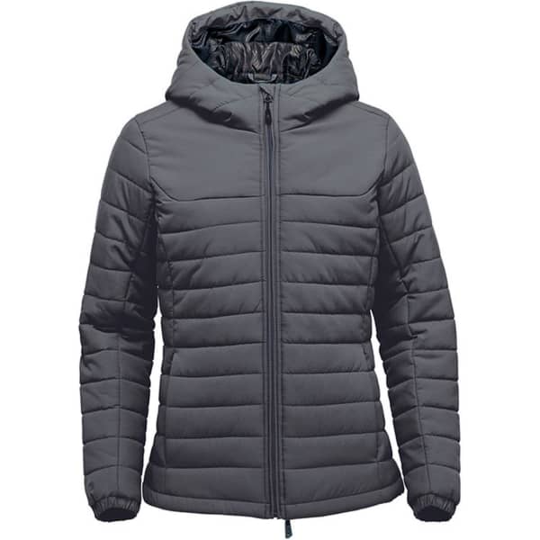 A women's quilted hoody in dark grey with a zippered front and a hood. It features a sleek, padded design.