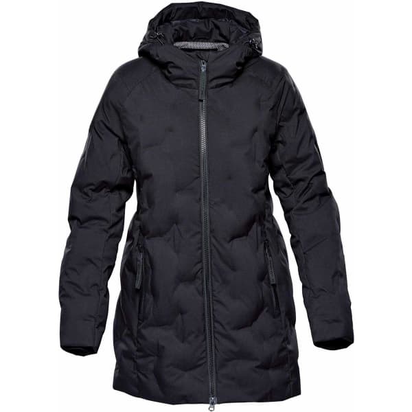 A black women's parka jacket featuring a hood, zip closure, and multiple pockets. It has a puffer design and a logo.