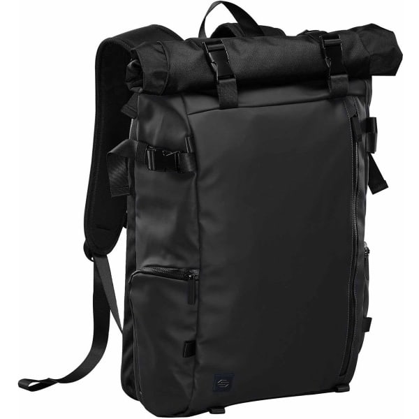 A black roll-top backpack featuring adjustable straps and multiple compartments, including a side pocket. It has a logo.