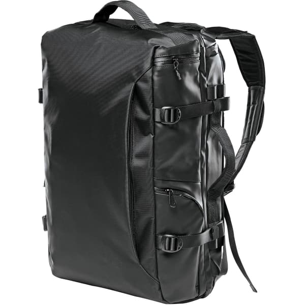A black backpack with multiple compartments and straps, featuring a logo on the front.