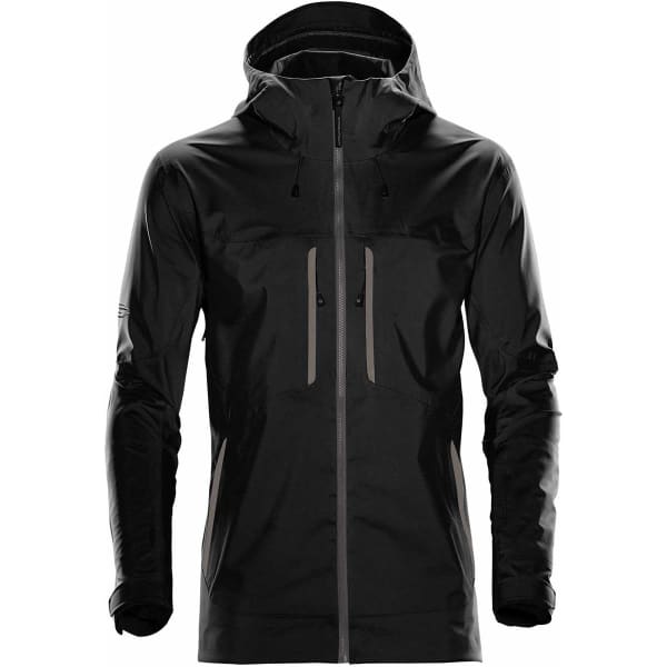A black rain jacket with a hood, featuring zippered pockets and a logo on the front.