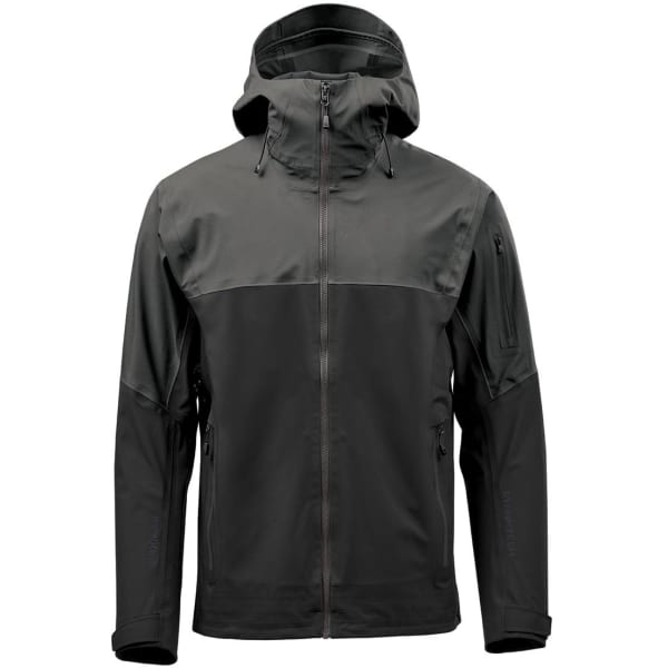 A men's rain jacket in dark green and black, featuring a hood and zippered pockets. Includes a logo on the design.