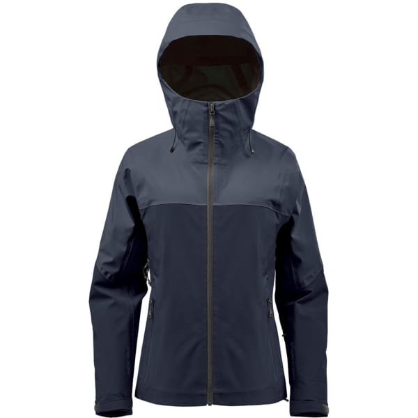 A women's jacket in navy blue, featuring a hood, zip closure, and pockets. It has a branded logo.