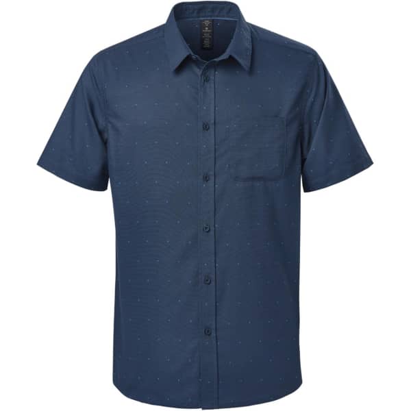 A short-sleeve button-up shirt in navy blue with a subtle pattern, featuring a chest pocket and branding.