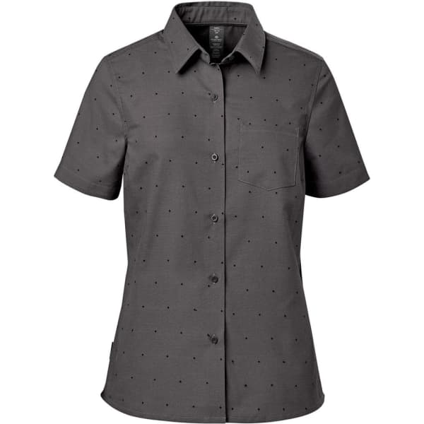 A short-sleeved women's button-up shirt in dark grey with a dotted pattern and a logo.