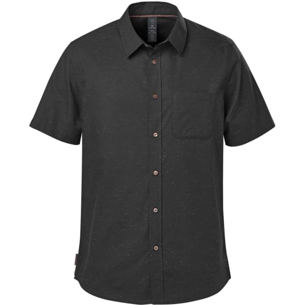 A black short-sleeved button-up shirt with a chest pocket and a logo tag on the side.