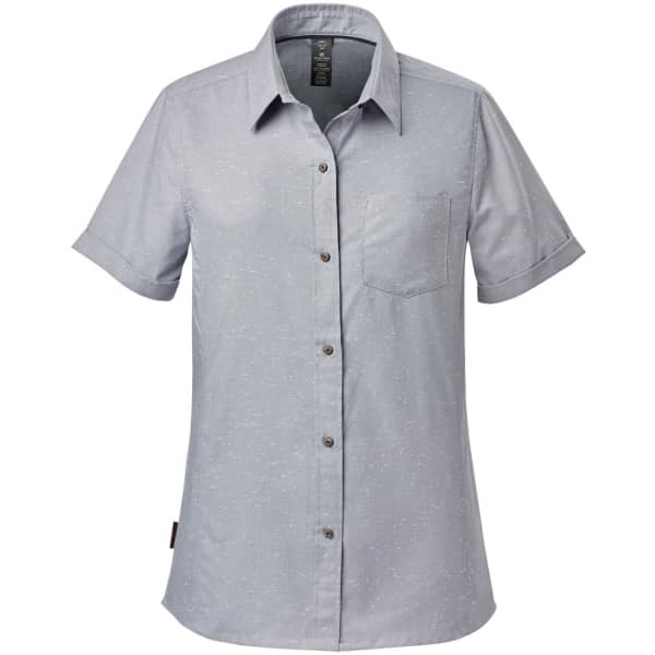 A light blue button-up shirt with short sleeves and a chest pocket, featuring a logo.