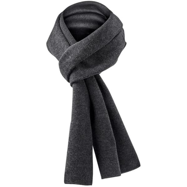 A dark grey knit scarf with a simple, elegant design, featuring a logo.