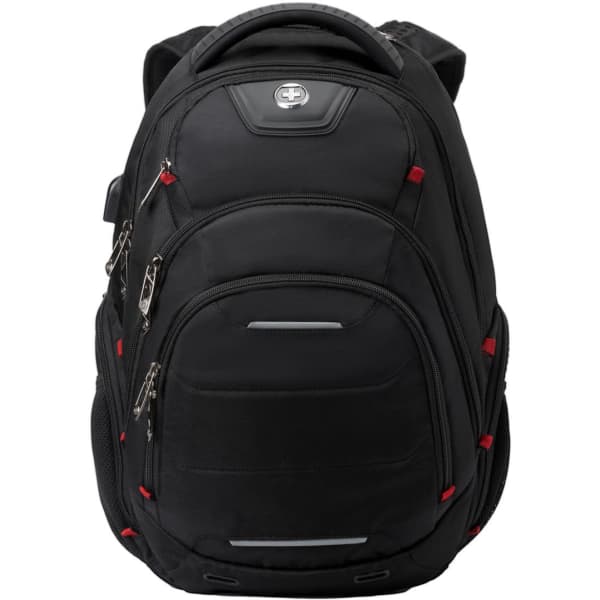 A black Swissdigital Neptune backpack featuring multiple compartments and zippers, with red accents and a logo.