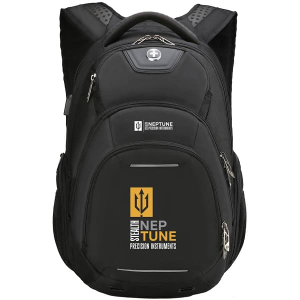 A black backpack featuring a logo, with multiple compartments and padded shoulder straps.
