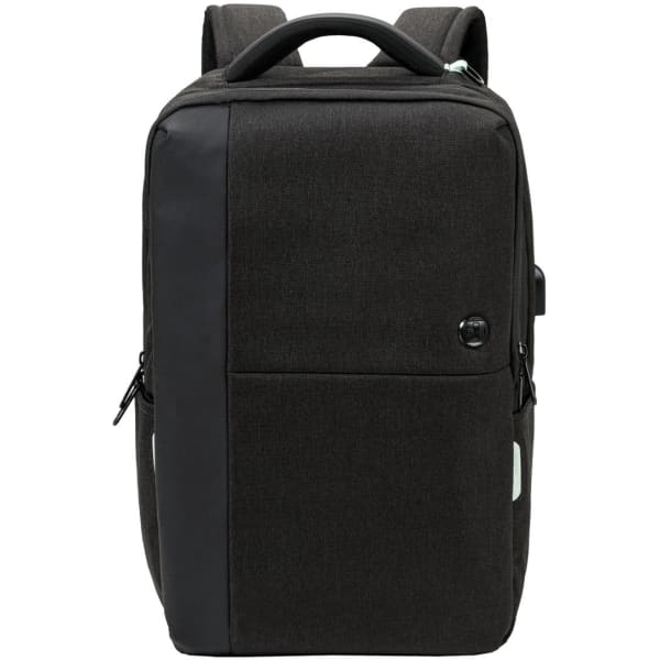 A black backpack with a sleek design, featuring a front pocket and a handle on top. It has a branding logo.