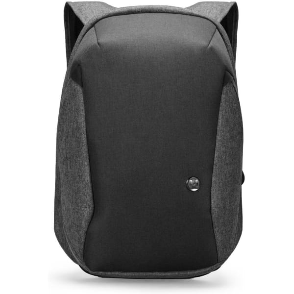A sleek grey backpack with a minimalistic design and a logo on the front. Suitable for everyday use.