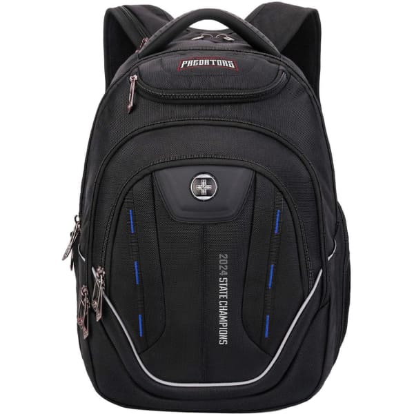 A black backpack with multiple compartments and zippers, featuring a branding logo and blue detailing.