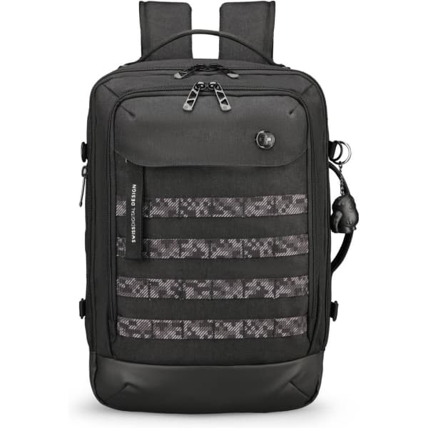 A sleek black backpack featuring multiple compartments and a textured front panel, equipped with adjustable shoulder straps.