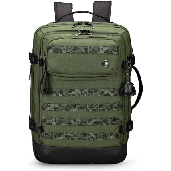 A green Swissdigital Berg XL Backpack with multiple pockets, straps, and a logo on the front.