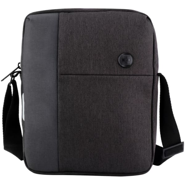 A dark grey shoulder bag with a textured panel and a logo on the front, featuring an adjustable strap.
