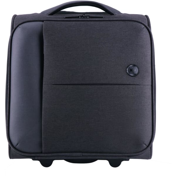 A wheeled underseat luggage in dark grey with a front pocket and a handle. Features a logo on the side.