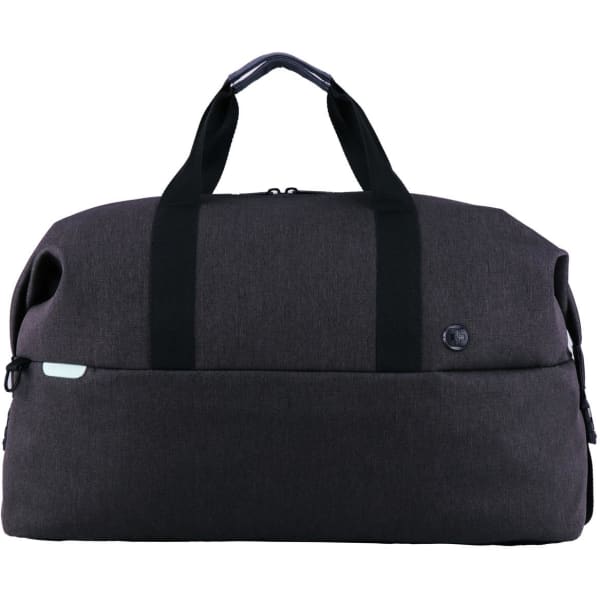 A dark grey duffle bag with dual black handles and a logo on the front.