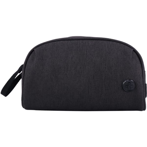 A black Swissdigital Arosa wash bag with a zip closure and a small logo patch on the front.