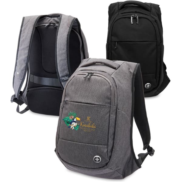 A collection of three Swissdigital Bolt anti-theft backpacks in grey and black, featuring a logo on one.