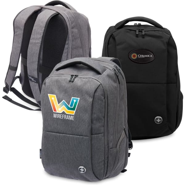 Three backpacks in various styles: one grey with a colourful logo, a plain black, and another grey with a logo.