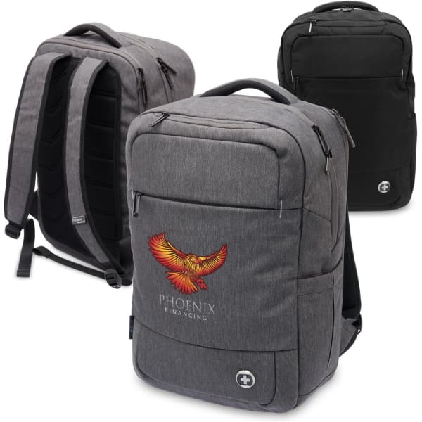 A grey Swissdigital Calibre backpack with zippers, padded straps, and a logo, featuring a design with an eagle.