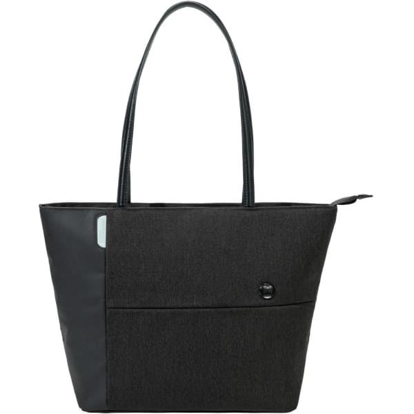 A tote bag in dark grey with a sleek design, featuring a pocket and a logo. The bag has two long handles.