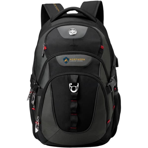A black backpack with red accents, featuring multiple compartments and a logo on the front.