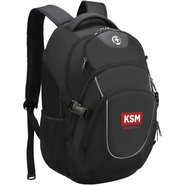 A black Swissdigital Stealth Vector Backpack with multiple compartments and a logo. Features padded shoulder straps.