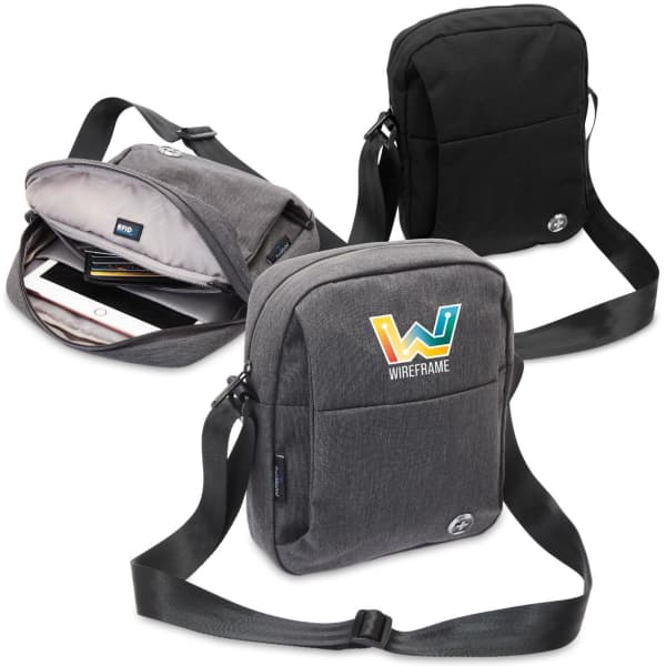 A grey shoulder bag with a logo, featuring one main compartment and an adjustable strap.