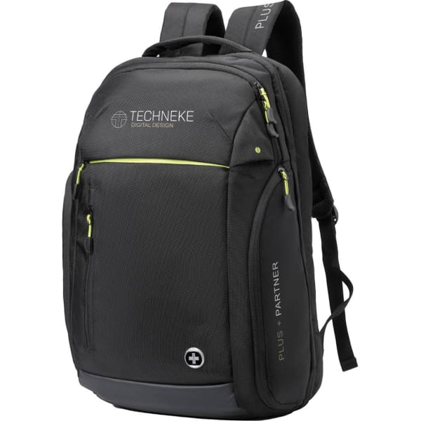 A sleek black backpack with green accents and multiple zippered compartments, featuring a logo on the front.