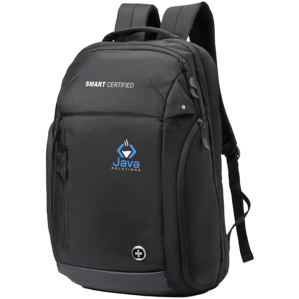 A black backpack featuring a logo, multiple pockets, and padded shoulder straps.