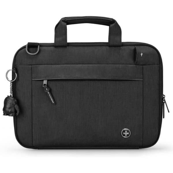 A black laptop sleeve with zip closure, front pocket, and carry handles; features a logo.