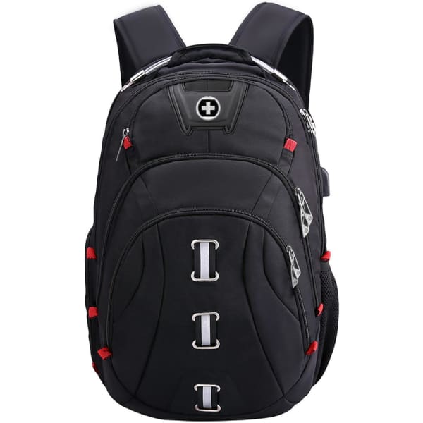 A black backpack featuring multiple zippers, silver accents, and a logo on the front. It has adjustable shoulder straps.