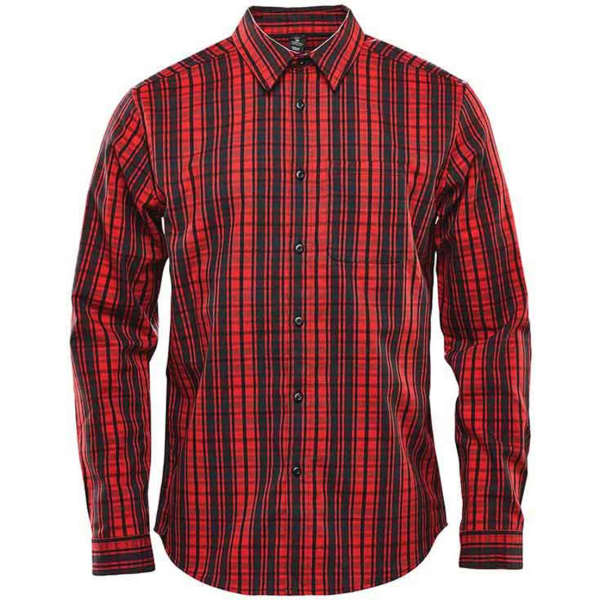 A red and black check patterned long sleeve button-up shirt with a collar and a logo on the chest.