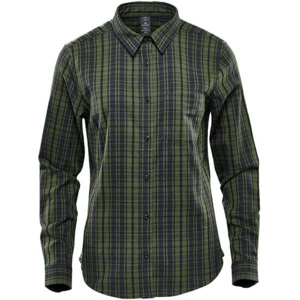 A green and navy checked long sleeve button-up shirt for women, featuring a collar and a single chest pocket.