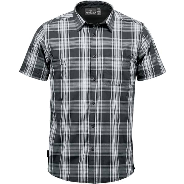 A short-sleeved button-up shirt in a black and white plaid pattern, featuring a pocket and a logo.