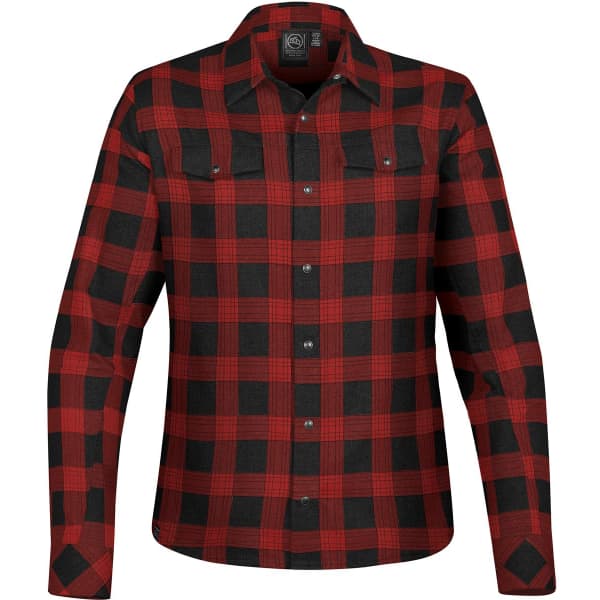 A red and black plaid button-up shirt with snap front and two chest pockets, featuring a brand logo.