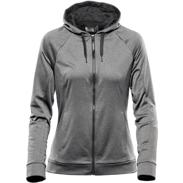 A grey women's hoody features a zip front, adjustable hood, and has a logo. Perfect for casual wear.