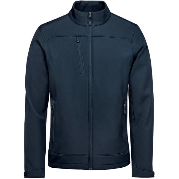 A navy blue softshell jacket featuring a high collar and zipped pockets, with a logo on the chest.