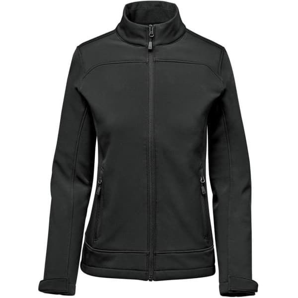 A women's black softshell jacket with a zip front, high collar, and side pockets, featuring a logo.