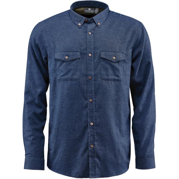 A navy long-sleeve button-up shirt with two chest pockets and a logo on the collar.