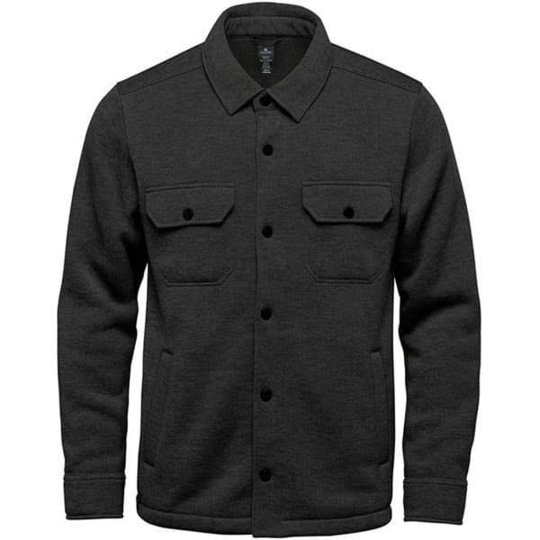 A dark grey unisex fleece shacket featuring a button-up front and two chest pockets, with a logo on the front.